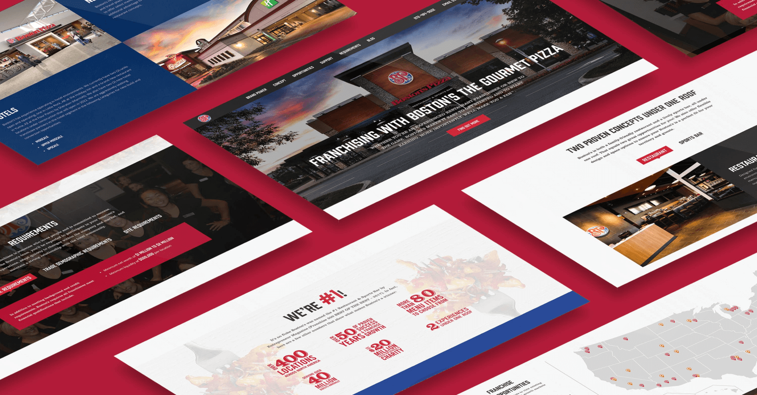 Collage of Boston Pizza USA franchising UI screens