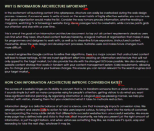 Proofreading web copy Screenshot of copy editing markup